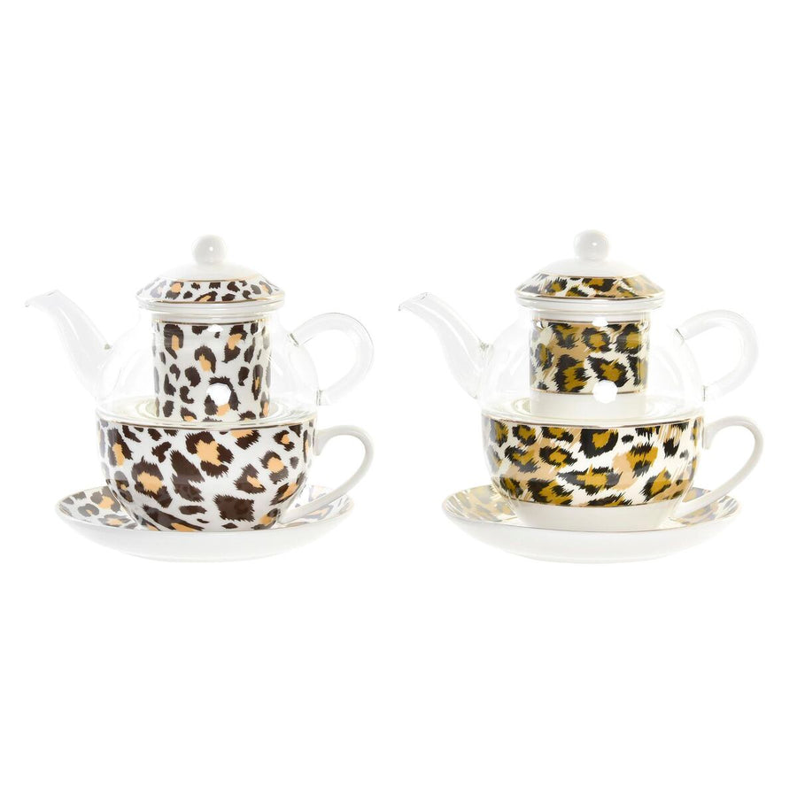 Čajnik DKD Home Decor Leopard Kristal Porcelan Rjava Prozorno Bela (2 kosov)